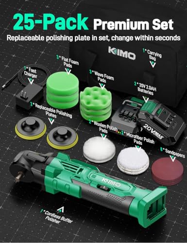 KIMO 20V Cordless Buffer Polisher Kit, 25Pcs Polishing Kit, 6 Speeds to 6000RPM Cordless Polisher with 2*2000mAh Batteries, 4 Inch Buffer Polisher for Car, Motorcycle, Truck Detailing, Scratch Remover