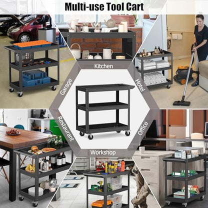 IRONMAX 3-Tier Utility Service Cart, 400 Lbs Heavy Duty Metal Rolling Trolley w/Ergonomic Flat Handle, Lockable 360° Swivel Wheels, Chic Mechanic Tool Cart for Garage Warehouse & Repair Shop - color: Black
