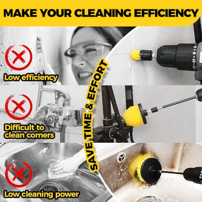 Holikme 5Pack Drill Brush Attachment Set，Power Scrubber Brush Extended Long Attachment for Bathroom Surfaces, Grout, Floors, bathtubs, Showers, Tiles, Kitchens and Cars，Yellow | 4 nylon scrub brushes,yellow,Power scrubber kit for Bathroom Surfaces, Grout,