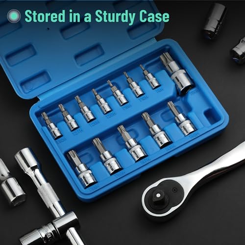 Bates- Torx Bit Socket Set, 13 pcs, TT8-TT60, 1/4" 3/8" & 1/2" Drive, Silver, Tamper Proof Torx Bit Set - size: 13 pcs, TT8-TT60