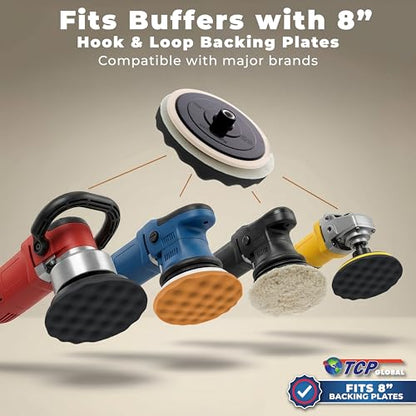 TCP Global Complete 3 Pad Buffing and Polishing Kit with 3-8" Pads; 2 Waffle Foam and 1 Wool Grip Pads and a 5/8" Threaded Polisher Grip Backing Plate