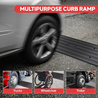 Car Vehicle Curbside Driveway Ramp - 4ft Heavy Duty Rubber Threshold Bridge Track Curb Ramp, for Loading Dock, Garage, Sidewalk, Truck, Scooter, Bike, Motorcycle, Wheelchair Mobility - Pyle PCRBDR21 - size: 2-Pack
