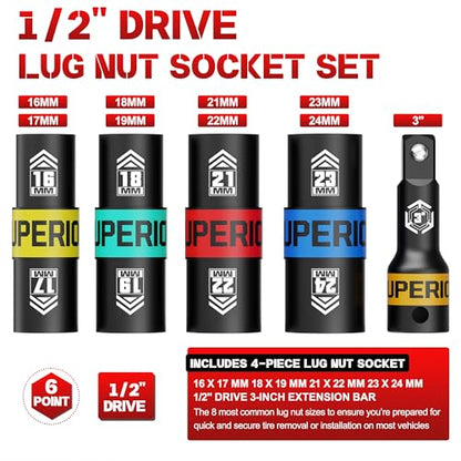 1/2" Drive Lug Nut Socket Set, 16-24 mm Flip Socket Set, 5 Pcs Thin Wall Nut Sockets with 3" Extension Bar, Remove Bloated Warped, Damaged Lug Nuts - size: 5PCS：16MM-24MM