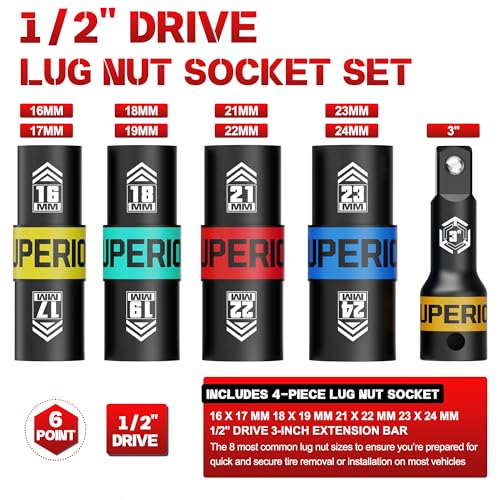 1/2" Drive Lug Nut Socket Set, 16-24 mm Flip Socket Set, 5 Pcs Thin Wall Nut Sockets with 3" Extension Bar, Remove Bloated Warped, Damaged Lug Nuts - size: 5PCS：16MM-24MM