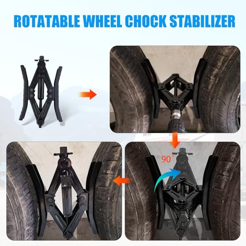 RV Rotatable Wheel Chock Stabilizers (Drill Adjusted), Camper Heavy Duty Tire Chock Stabilizers, Travel Trailers Wheel Chock Scissor 2 Sets with Ratchet,hex Socket,Gloves (Black-Turn) - color: BLACK-TURN