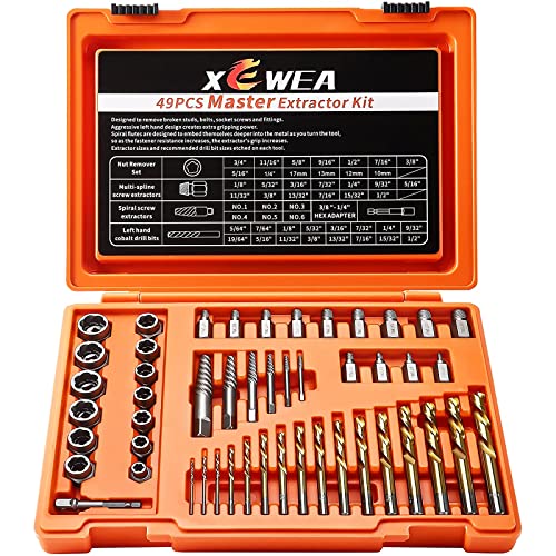 XEWEA 49PCS Screw & Bolt Extractor Set with Left Hand Drill Bit Set, Multi-Spline Easy Out Broken Bolt Remover Tools for Damaged Stripped Rounded-Off Bolts, Socket Screws, Nut, Studs and Fittings - size: 49PCS