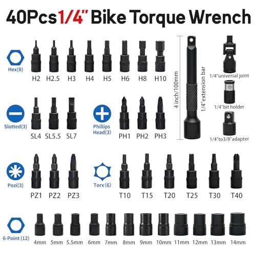 40-Piece 1/4" Digital Torque Wrench Set, 1-22 Ft.lb / 1.5-30 N.m | Electronic Torque Wrench with Bits, Sockets & Accessories, ±2%, LED & Buzzer Alerts for Bicycle, Motorcycle & DIY Repair - size: 1/4" 40pcs-Bike 1.5-30N.m/1-22Ft.lb
