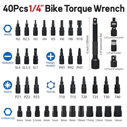 40-Piece 1/4" Digital Torque Wrench Set, 1-22 Ft.lb / 1.5-30 N.m | Electronic Torque Wrench with Bits, Sockets & Accessories, ±2%, LED & Buzzer Alerts for Bicycle, Motorcycle & DIY Repair - size: 1/4" 40pcs-Bike 1.5-30N.m/1-22Ft.lb