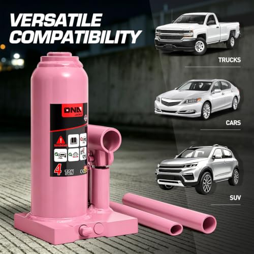 DNA Motoring 4 Ton Hydraulic Car Bottle Jack, Pink, 8000 lbs Capacity | Automotive Welded Bottle Jack For Car SUV Pickup Truck, Auto Repair House Lift, with Manual handle & Carrying Storage Case - color: Pink, style: 4 ton