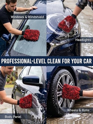 TAKAVU Car Wash Mitt, 2 Pack Microfiber, Scratch-Free (Red & Black) | Soft Lint-Free Wash Gloves Hold Sudsy Water for Auto Detailing, Machine Washable, Safe on Paint & Coat - color: Red