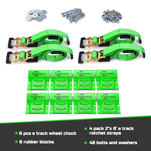 Trekassy Wheel Chock Tie-Down Kit with Rubber Blocks, (4,500lb Break Strength) Heavy Duty E Track Trailer Tire Straps for ATV, UTV, Lawn Mower- 4 Pack - size: 4 Pack