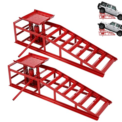 2 Pcs Hydraulic Car Ramps, 5 Ton Heavy Duty Steel Car Lift Ramps with Hydraulic Jack for Oil Changes & Truck Repair, 9" - 15" High Lift, Low Profile Vehicle Lift Service Ramps Truck Trailer（Red） - color: Red(short Style)