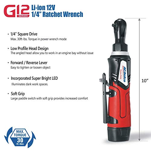 ACDelco ARW1207P G12 Series 12V Cordless Li-ion 1/4” 30 ft-lbs. Torque Ratchet Wrench Tool Kit , Red