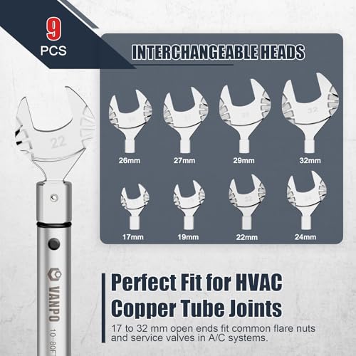 VANPO HVAC Torque Wrench 10–80 Ft-lb, 9×12mm, for Mini Split AC | Adjustable Click Torque Wrench with Open End Heads (17–32mm), ±3% Accuracy, for Refrigeration Flare Nut Installation - size: 9×12mm(10-80 Ft-Lb)