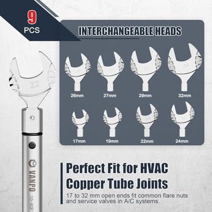VANPO HVAC Torque Wrench 10–80 Ft-lb, 9×12mm, for Mini Split AC | Adjustable Click Torque Wrench with Open End Heads (17–32mm), ±3% Accuracy, for Refrigeration Flare Nut Installation - size: 9×12mm(10-80 Ft-Lb)
