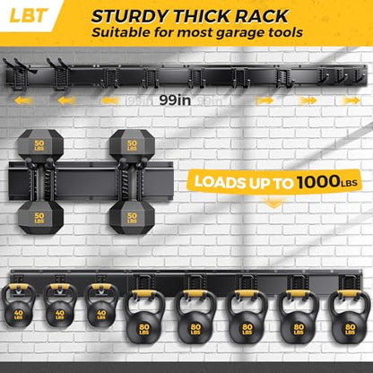 LBT 99" Garage Tool Organizer Wall Mount - 1000lbs Garden Tool Organizer | Anti-Rust, Adjustable Hooks, Sheds Garden Tool Organizer Black, Gifts For Men Dad Husband - size: 99inch