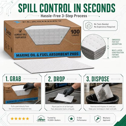 FLASHDRY Marine Oil Spill Absorbent Pads, 100-Count Oil Control Pads, 17.5" x 13.5" - Fuel, Diesel & Bilge Water Cleanup, Water-Repellent, Eco-Friendly, Tear-Resistant Hydrocarbon Absorption - size: 100 Pads - 2mm