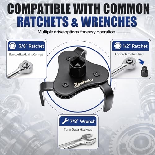 Universal Oil Filter Wrench Adjustable, Heavy Duty 3-Jaw Oil Filter Removal Tool, Oil Filter Change Tool for Engine Filters, Automotive Tool for Cars Trucks SUVs