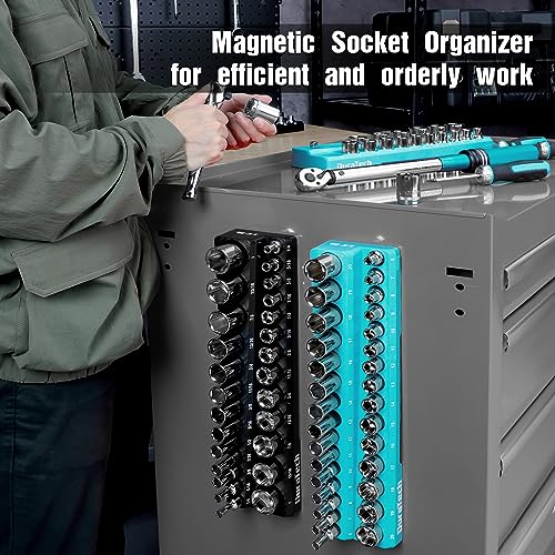 DURATECH Magnetic Socket Organizer Set, 3/8" SAE & Metric Socket Holders | Socket Trays, Tool Box, Tool Cart Organizer, Standard & Deep Sockets Organizer, Carbon Fiber, Prevent Scratching, 56-holder - size: 2pc 3/8" Metric&SAE