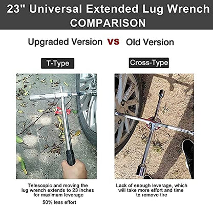 Toolly 23" Universal Extended Lug Wrench, 4 Way Tire Iron Nut Wrench Set with Storage Bag and Standard Sockets (17mm/19mm,21mm/23mm)
