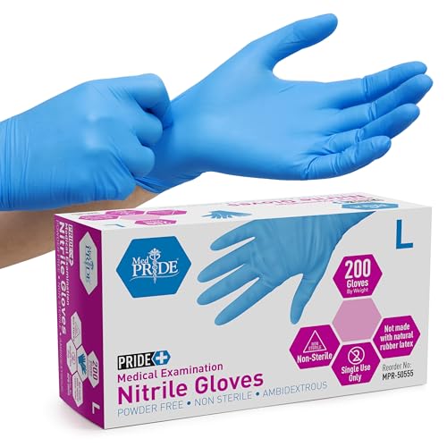 Medpride Medical Examination Nitrile Gloves, Large, Blue, Latex/Powder-Free, Non-Sterile, 200 Count - size: Large (Pack of 200)