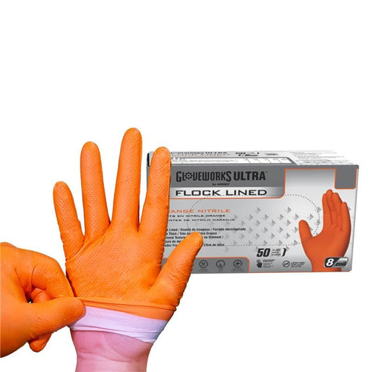 GLOVEWORKS Industrial Orange Disposable Gloves, Flock-Lined Nitrile Gloves, Raised Diamond Textured Grip, 8 mil - size: Large, style: Box of 50
