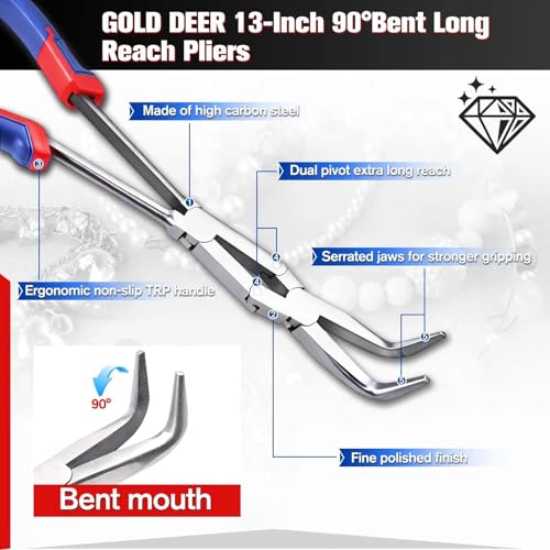 13Inch Long Reach 90 Degree Bent Nose Pliers Dual Pivot Plier Double Joint Bent Long Nose Plier Serrated Jaw Angled Needle Nose Plier for Hard to Reach Narrow Spaces - style: 90 Degree Bent Nose