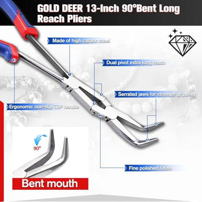 13Inch Long Reach 90 Degree Bent Nose Pliers Dual Pivot Plier Double Joint Bent Long Nose Plier Serrated Jaw Angled Needle Nose Plier for Hard to Reach Narrow Spaces - style: 90 Degree Bent Nose