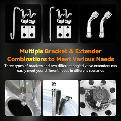 RVZONE Dually Valve Stem Extenders Kit, Stainless Steel Braided Valve Stem Extension fits 16" to 19-1/2" Dual Wheels Tire Valve Extension for Most Cars Motorhome RVs Trailers Trucks