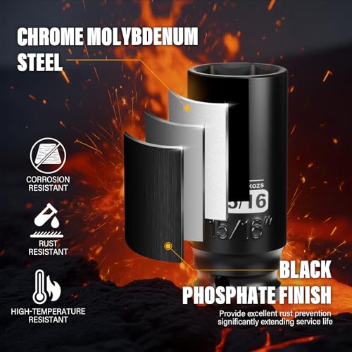 1/2 Inch Drive 15/16 Inch Deep SAE 6 Point CR-MO Impact Socket | Radius Corner Design,Square Chamfered Opening,Axle Nut Impact Grade Socket for Easy Removal - size: 1/2” Drive 15/16 Deep, style: 1/2" Drive Deep Socket