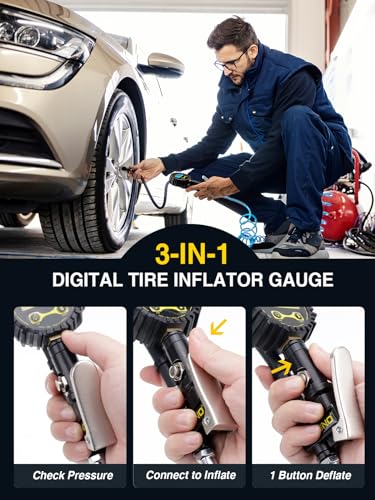 AZUNO Digital Tire Inflator with Pressure Gauge, 200 PSI, Heavy Duty Air Compressor Accessories, with Rubber Hose Lock on Air Chuck and Quick Connect Coupler, Comes with a Portable Carrying Box - size: Standard with Case