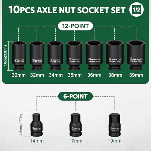 1/2" Drive Axle Nut Socket Set, 12 Point Spindle Impact Socket | 10Pcs Deep Impact Socket Set 14/17/19/30/32/34/35/36/38/39mm for DIY Car, Heavy Equipment Maintenance, Auto - size: 10pcs-1/2"