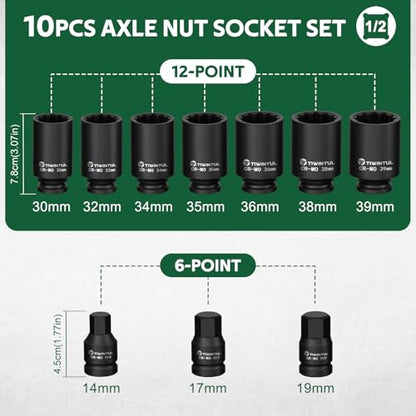 1/2" Drive Axle Nut Socket Set, 12 Point Spindle Impact Socket | 10Pcs Deep Impact Socket Set 14/17/19/30/32/34/35/36/38/39mm for DIY Car, Heavy Equipment Maintenance, Auto - size: 10pcs-1/2"
