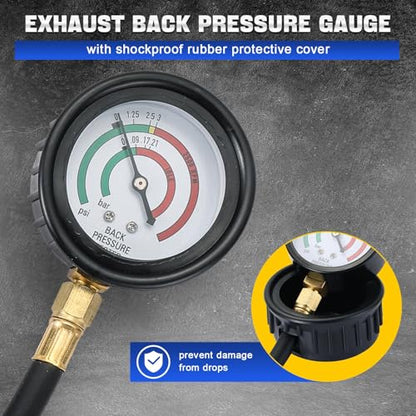 DASBET Exhaust Back Pressure Tester Kit with Carrying Case, Automotive Exhaust Back Pressure Gauge Set with 6-Foot Hose & Adapter(M12/M18) & 2 Hose Clamps Professional Automotive Diagnostic Tool