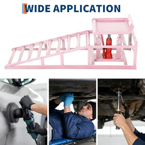 Jojoka Hydraulic Car Ramps, Heavy Duty Steel, 11000 LBS, Adjustable Low Profile Lift, 9.4-13.34 in Height, Garage Service Ramps for Oil Changes, Trucks & Cars, 2PCS - color: Pink
