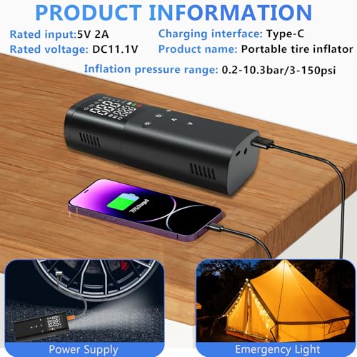Tire Inflator Portable Air Compressor,25000mAh and 150PSI Air Pump for Car Tires, 5X Faster Portable Air Pump with Digital Pressure Gauge for Cars, SUV, Bike & Motorcycle Tires, Ball,Etc.