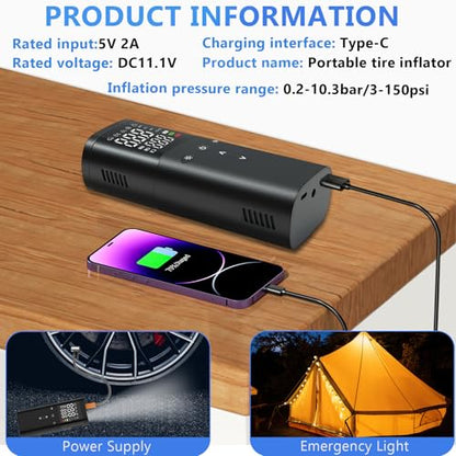 Tire Inflator Portable Air Compressor,25000mAh and 150PSI Air Pump for Car Tires, 5X Faster Portable Air Pump with Digital Pressure Gauge for Cars, SUV, Bike & Motorcycle Tires, Ball,Etc.