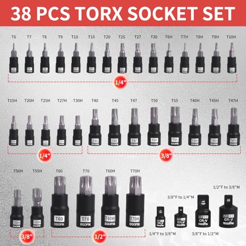 38 Piece Torx Bit Set, Premium S2 Alloy Steel, Solid Star T6 ~ T70 & Tamper Proof T6 ~ T70, with Socket Adapters - style: 38PCS T socket set