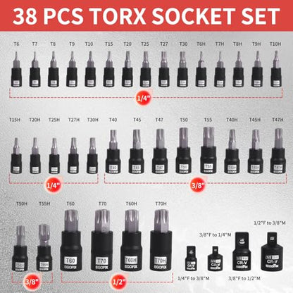 38 Piece Torx Bit Set, Premium S2 Alloy Steel, Solid Star T6 ~ T70 & Tamper Proof T6 ~ T70, with Socket Adapters - style: 38PCS T socket set