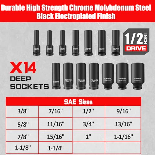 TONYNOL 1/2 Inch Deep Drive Impact Socket Set,12-Point,SAE(3/8" to 1-1/4"),14 Pcs,Cr-Mo Steel,With a Storage Case - size: 1/2" 14PC Deep SAE (9.5-32mm), style: 12-Points