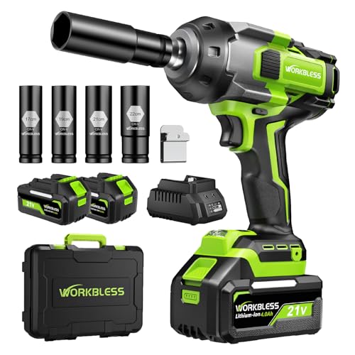 Cordless Impact Wrench 1/2 Inch, Max 1500Nm (1100Ft-lbs) Brushless High Torque Power Impact Gun with 4Ah Battery & Charger for Car Tire, Construction Work, Mower Lug Nut, 4 Sockets - style: 1500N.m with 2 Battery