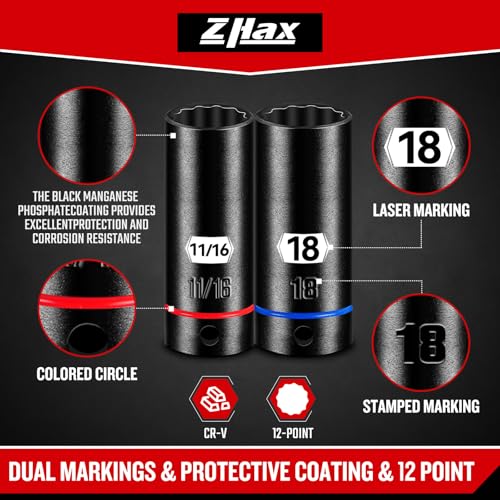 ZHAX 3/8 Inch Drive 12 Point Impact Socket Set, 74 PCS Standard SAE(5/16"- 3/4") & Metric(8-22mm) With Color Ring, Deep & Shallow, 72T Wrench Ratchet Tool Kit,Cr-V With Heavy Duty Storage Case - size: 3/8" drive 12 point