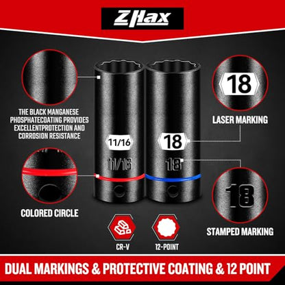 ZHAX 3/8 Inch Drive 12 Point Impact Socket Set, 74 PCS Standard SAE(5/16"- 3/4") & Metric(8-22mm) With Color Ring, Deep & Shallow, 72T Wrench Ratchet Tool Kit,Cr-V With Heavy Duty Storage Case - size: 3/8" drive 12 point