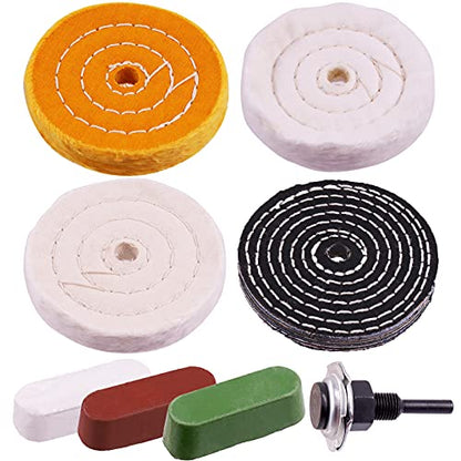 Swpeet 7Pcs 4" Buffing Polishing Wheels Polish Pad 8Pcs Kit with 3Pcs Polishing Compounds and 1/4" Drill Shank, White Cotton(50Ply)/ Yellow Cotton(36Ply)/Flannel(30Ply)/Denim Wheels for Bench Grinder - style: NO.9 Buffing Polishing Wheels