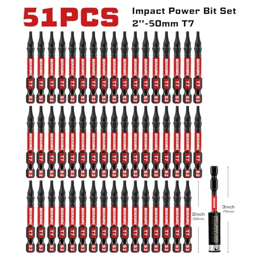 Geinxurn 51 Pieces T7 Impact Tough Magnetic Screwdriver Bit Set, 2 In. #7 Torx Head Power Bit Set, S2 Alloy Steel T7 Star Bit with 1Pc Impact Bit Holder - size: 2"-51PCS, style: T7