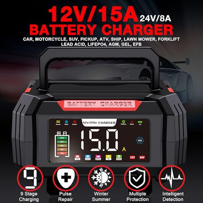 15-Amp Battery Charger, 12V/24V Smart Trickle Charger & Maintainer Red | 9 stage charging, Memory Function, Temperature Compensation, Pulse Repair, for Lead Acid LiFePO4, Various Vehicles Boat