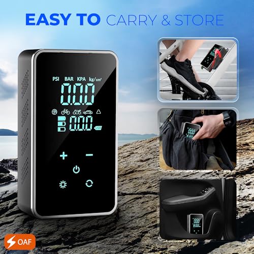 OAF Portable Tire Inflator Air Compressor – Cordless 150 PSI Digital Car Tire Pump with Auto Shut-Off, LED Light & Nozzles for Car, Motorcycle, Bike, Balls & Inflatables