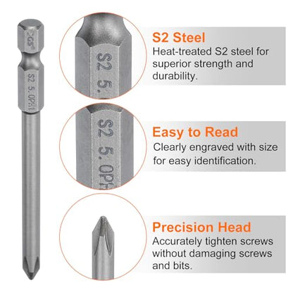 HARFINGTON 5pcs #1 Phillips Screwdriver Bit PH1 1/4" Hex Shank 3.15" (80mm) Long Magnetic S2 Steel Industrial Grade Screw Driver Bit Cross Head Electric Drill Bits 0.197" (5mm) Rod - size: PH1 x 80mm x 5mm