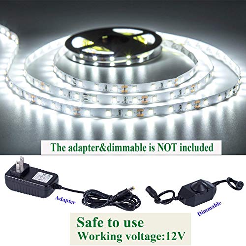 Daylight White LED Strip Lights, 12V16.4ft 300LEDS Flexible Tape Light for Hallway, Staircase, Bookshelf, Under Cabinet, Non Waterproof, Not Include Power Adapter - color: Daylight White Without Adapter