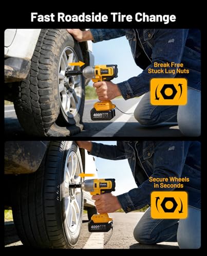 1/2" Cordless Impact Wrench, 1400N·m(1032ft・lbs) Brushless High Torque Impact Gun, Electric Impact Driver, 2x4.0Ah Batteries, LED Light, Charger, 6 Sockets, 3 Variable Speeds for Car/ Pickup/Mower - style: 2x4.0Ah Battery